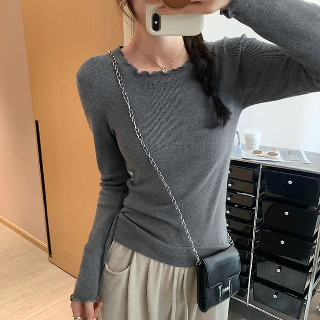 Beem-Long-Sleeve Round Neck Lettuce Edge Knit Top