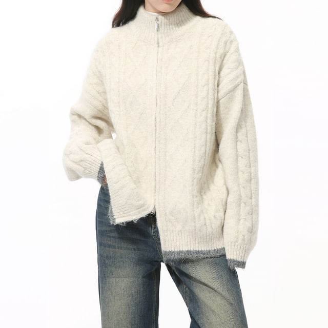FAERIS-Mock Neck Plain Zip-Up Cardigan