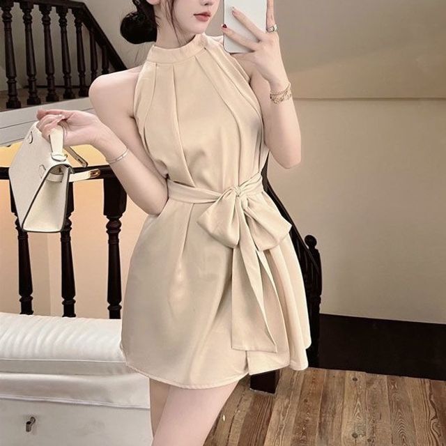Horrysonie - Sleeveless Mock Neck Plain Tie-Waist Mini A-Line Dress |  YesStyle