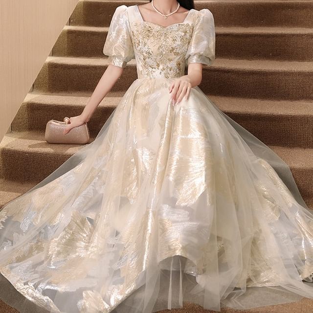 DreesHouse-Short-Sleeve Sequin A-Line Evening Gown