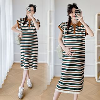 Rosy Street Maternity Short Sleeve Striped Midi A-Line Polo Dress Sale