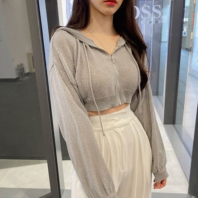 PINPI-Zip-Up Plain Crop Cardigan