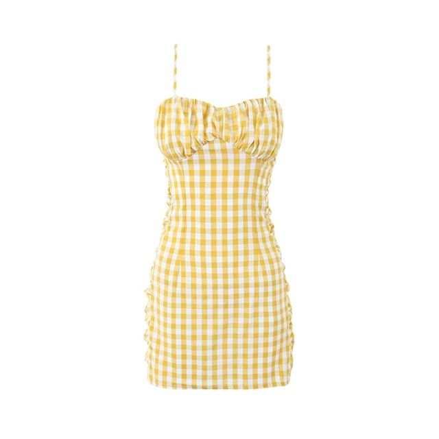 Bazer - Spaghetti Strap Gingham Mini Bodycon Dress | YesStyle