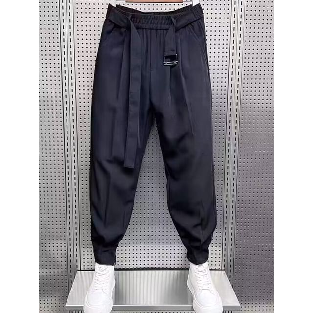 Real Boy-Elastic Waist Plain Belted Harem Pants