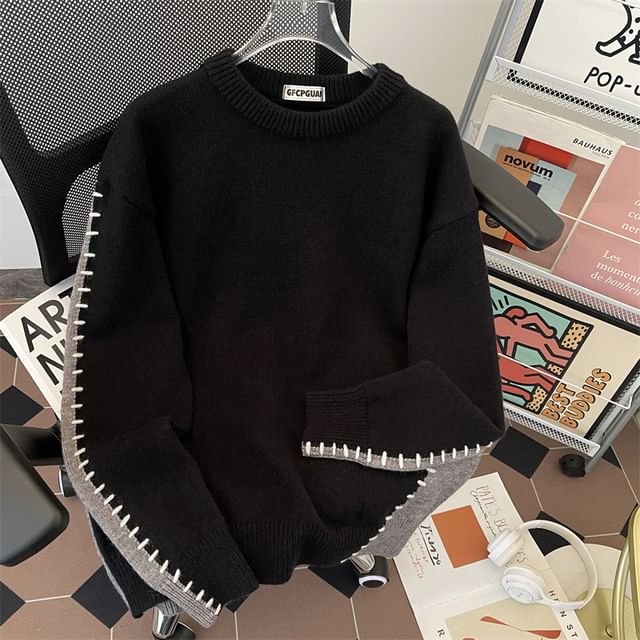 Plummie-Crew Neck Contrast Stitch Oversized Sweater