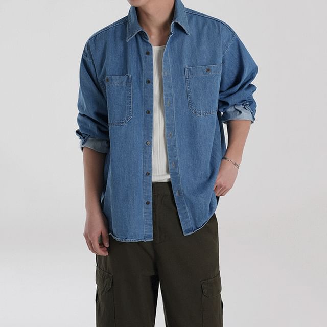 MRCYC-Long-Sleeve Washed Button-Up Denim Shirt