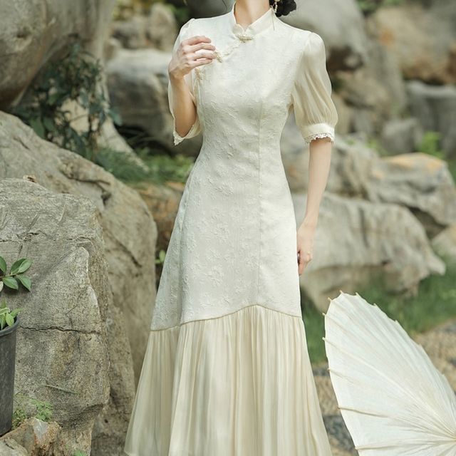 chinese dress ladies Mandarin Collar Cap Sleeve Floral Embroidery Cheongsam Top Evening Dress White / Xs main image 0