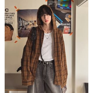 SeoulPop Unisex Long-Sleeve Plaid Loose-Fit Hooded Shirt Sale
