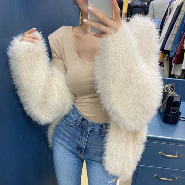 Coris-Plain Fluffy Open Front Cardigan