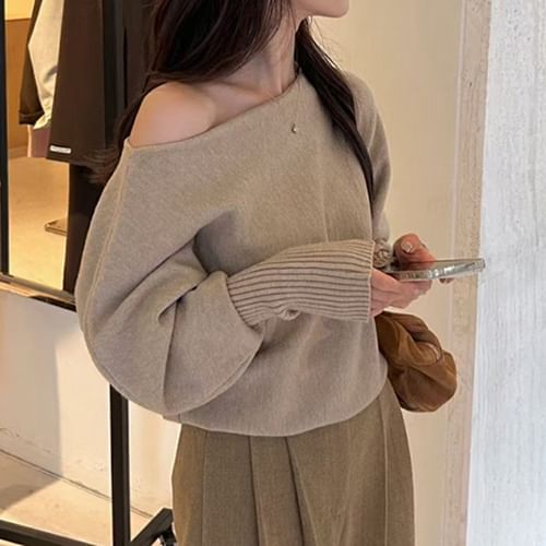 新品タグ付きPHOTOCOPIEU FLARED SHOULDER JUMPER Women Off Shoulder Sweater Top Y2K Aesthetic Long Sleeve