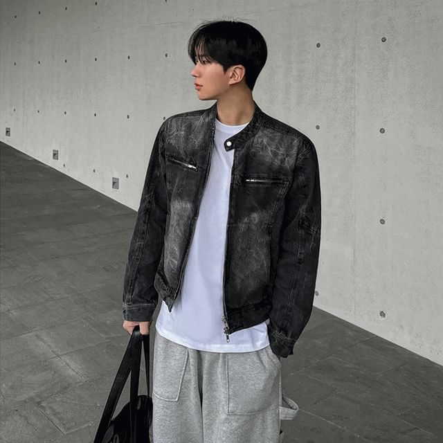 MRCYC-Stand Collar Washed Denim Zip Jacket