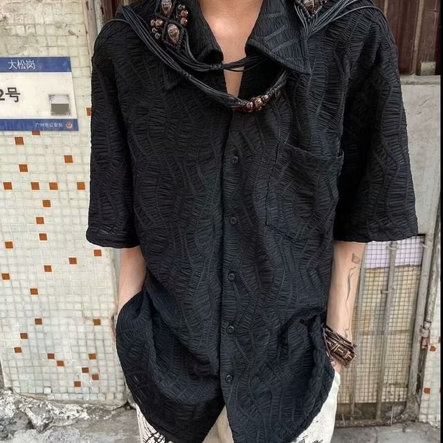 JUN-LEE-Elbow-Sleeve Textured Pocketed Plain Shirt