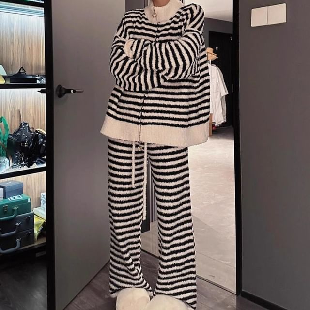 GOUB-Pajama Set Striped Zip-Up Jacket Pants