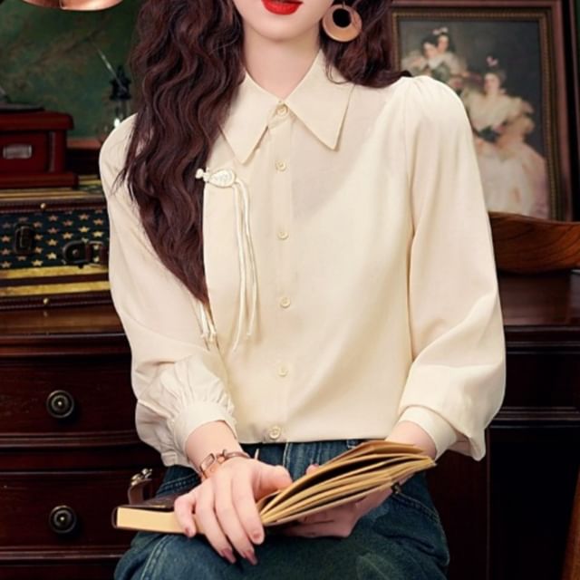 Dragan Pulse-Long-Sleeve Collared Plain Asymmetrical Frog Buttoned Blouse