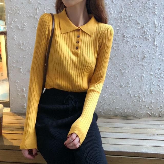 Sisyphi-Long-Sleeve Ribbed Knit Polo Shirt
