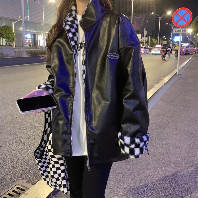 Shinsei-Faux Leather Checker Print Trim Zip Jacket