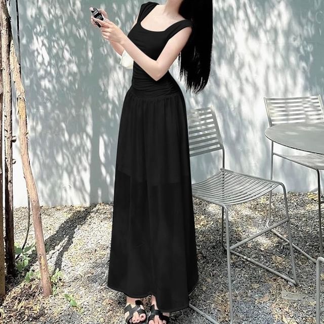 Alizio - Sleeveless Square-Neck Plain Ruched Maxi A-Line Dress | YesStyle