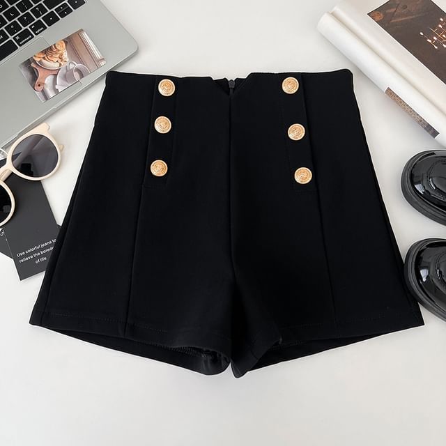 DIYI-High Waist Plain Button Detail Shorts
