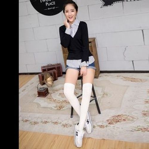 Cable Knit Tights School Girl Sweater Thigh High Over Knee Socks White  Black 