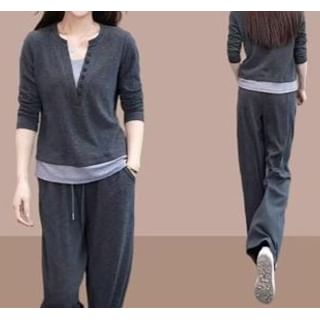 Everose-Set Long Sleeve Notch Neck Mock Two Piece Button T-Shirt Drawstring Waist Plain Straight Leg Pants