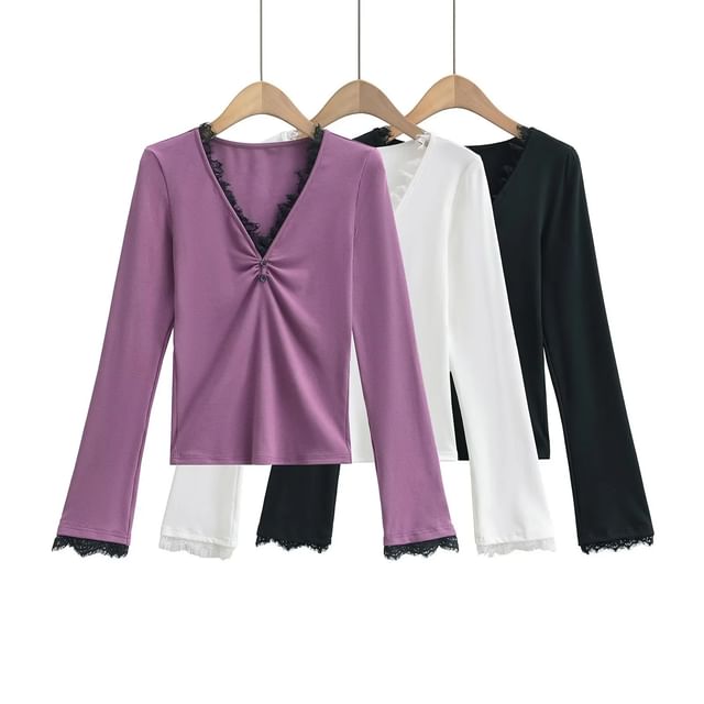 Asiris-Long-Sleeve V-Neck Ruched Lace Trim Tee