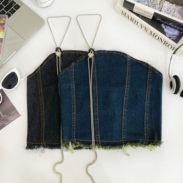 Iasia-Halter Washed Fray Panel Denim Top