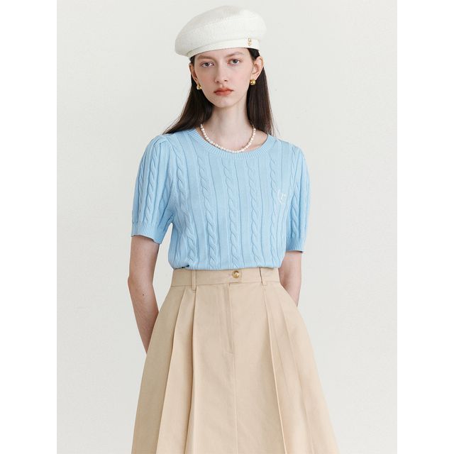 rolarola - Short-Sleeve Cable-Knit Top (Blue) | YesStyle
