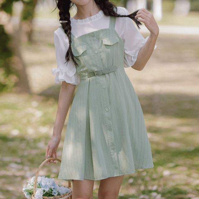flowy sleeves with aline overall dress Tripoly - Bell-Sleeve Lace Blouse / Button-Up A-Line Mini Overall Dress