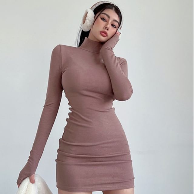 LIVIE - Long-Sleeve Turtleneck Plain Ribbed Mini Bodycon Dress | YesStyle
