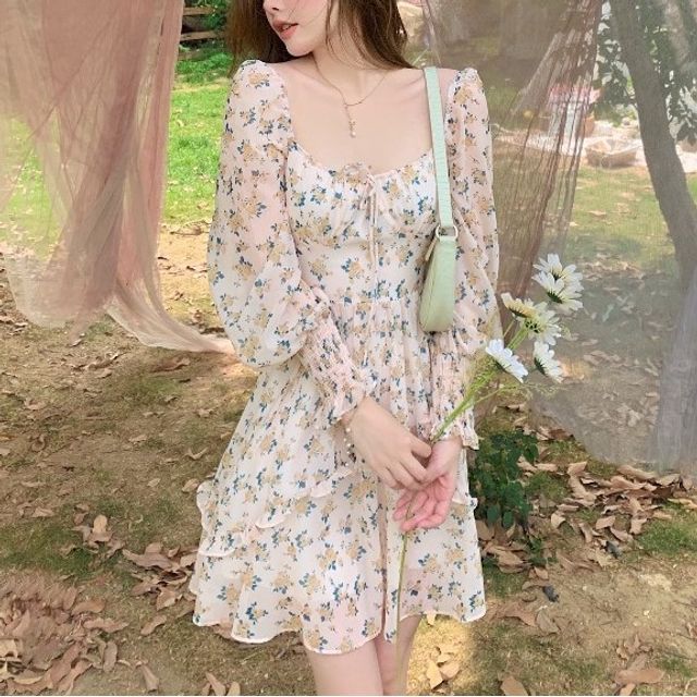 Glen Glam - Long-Sleeve Floral A-Line Dress | YesStyle