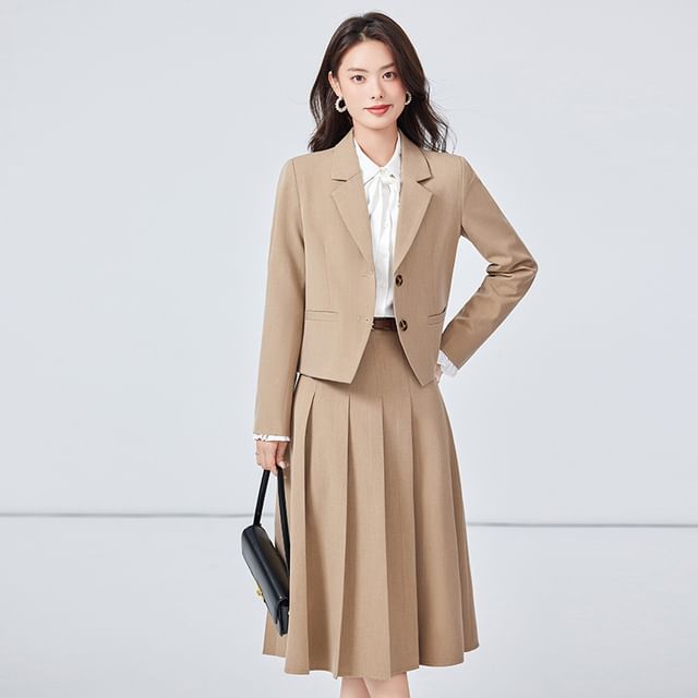 Princess Min-Set Notch Lapel Plain Single-Breasted Blazer High Rise Pleated Midi A-Line Skirt