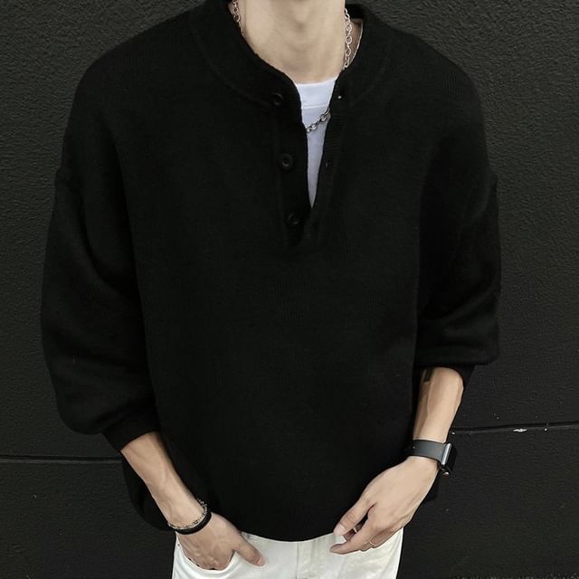 Omozando-Long-Sleeve Henley Sweater