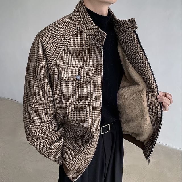 Kimeya-Plaid Pocket Detail Zip Jacket
