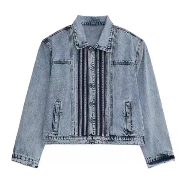 Zentrus-Collared Striped Washed Denim Button Jacket