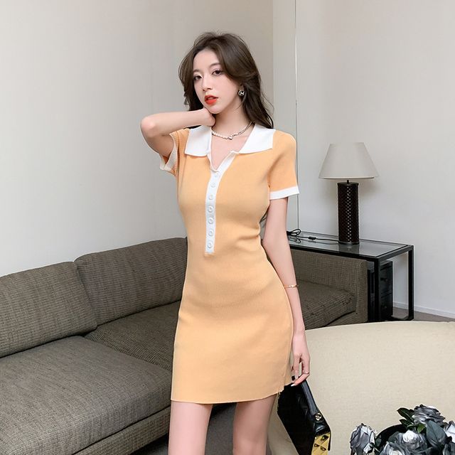 Sienne-Short-Sleeve Collared V-Neck Contrast Trim Knit Mini Sheath Dress