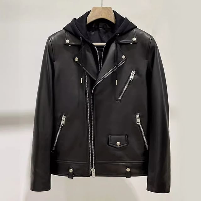 GRAYCIOUS-Hooded Mock Two Piece Faux Leather Biker Jacket
