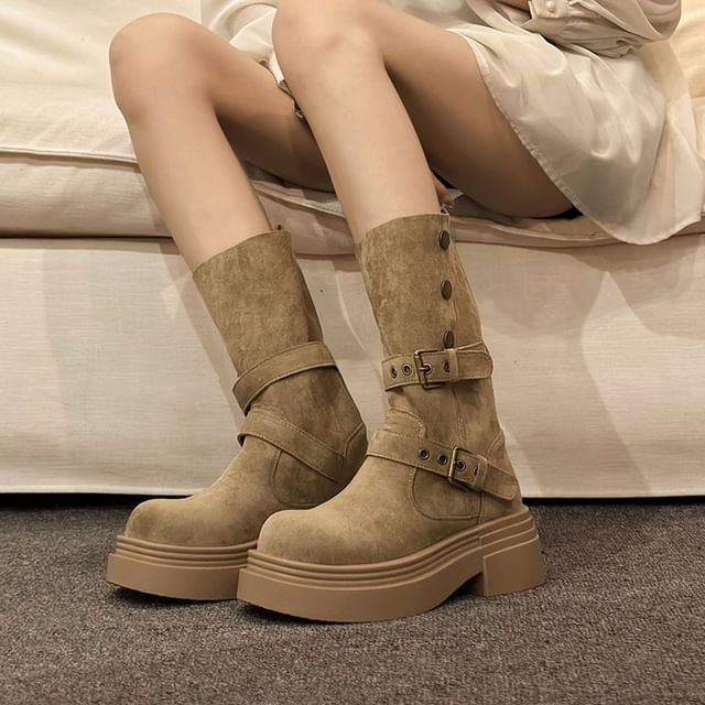 Vindler-Platform Buckled Button Faux Suede Mid Calf Boots