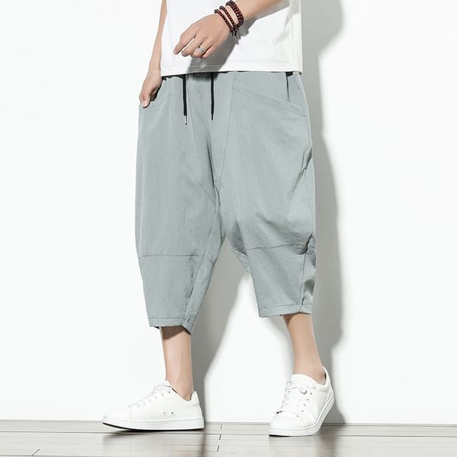 YIKES-Drawstring Waist Plain Capri Baggy Pants