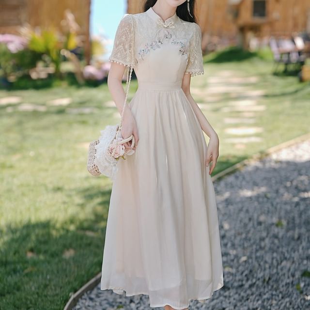 Short-Sleeve Stand Collar Floral Embroidered Lace Panel Frog Buttoned Midi  A-Line Dress