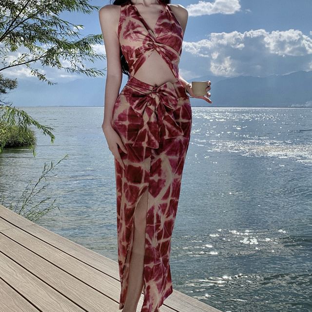Moanum - Sleeveless V-Neck Tie Dye Cutout Slit Maxi Sheath Dress | YesStyle