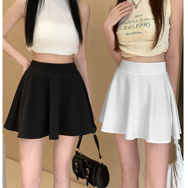 Everose-High Waist Plain Mini A-Line Skirt