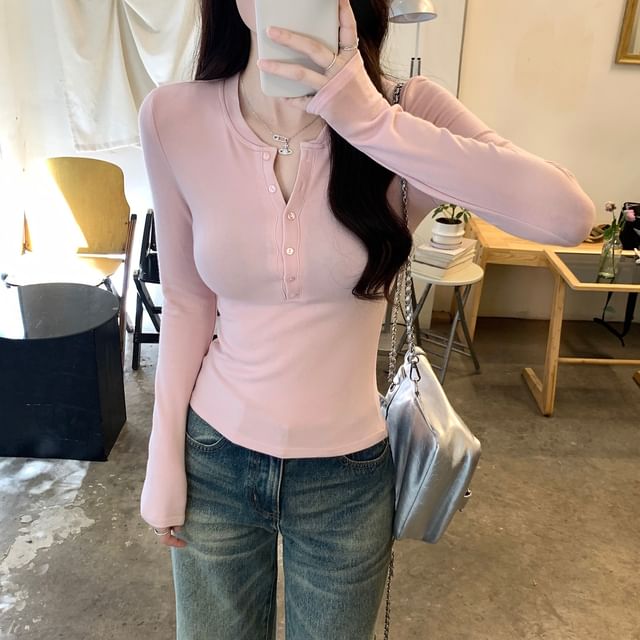 Sienne-Long-Sleeve Henley Plain Slim Fit Tee