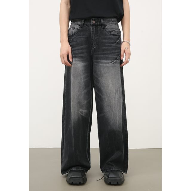 pinkdropper-Mid Rise Washed Wide Leg Jeans