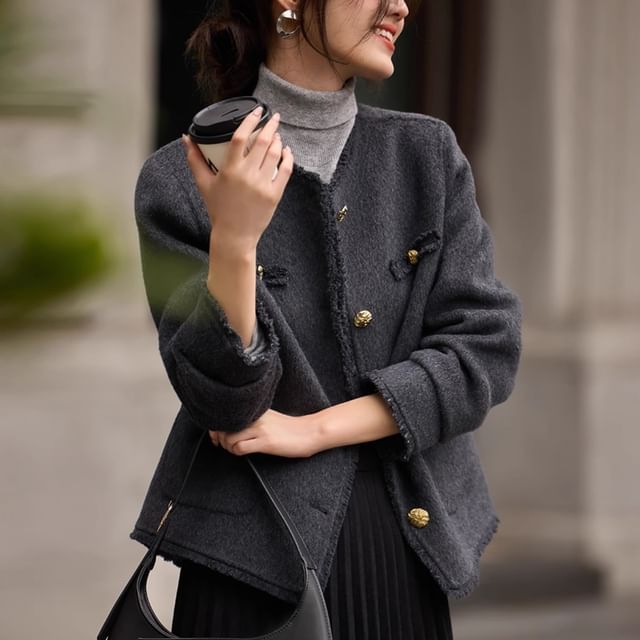 Jeonseon-Crew Neck Button-Up Plain Frayed Jacket