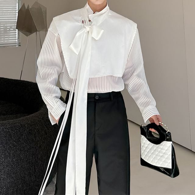 Adothuiastic-Long Sleeve Stand Collar Striped See-Through Panel Bowknot Shirt