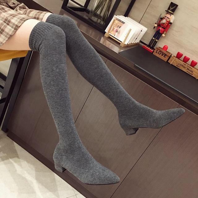 Anran-Pointy Toe Chunky Heel Over-the-Knee Sock Boots