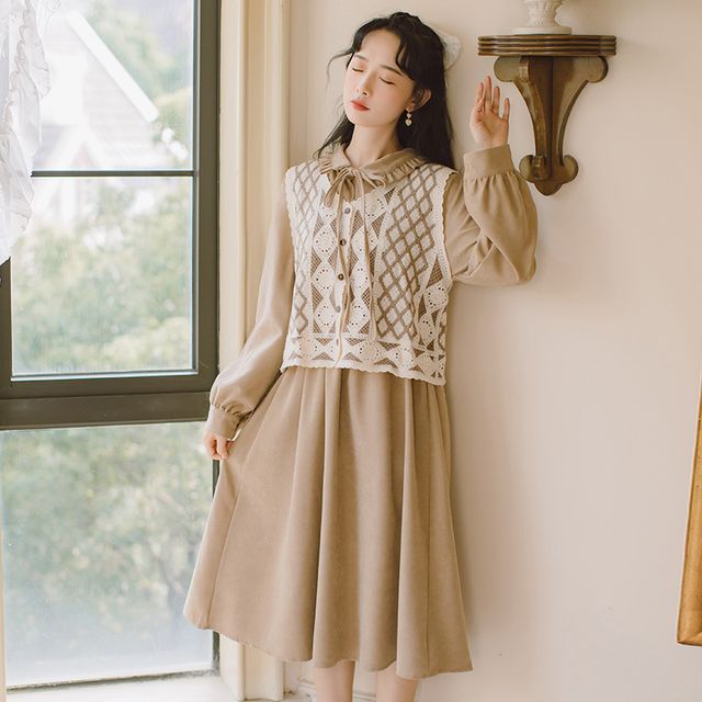 Clover Dream - Set: Long-Sleeve Tie-Neck Midi Dress + Button-Up Vest |  YesStyle