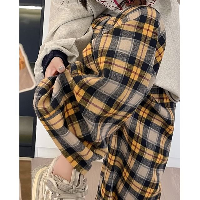 evanesce-High Waist Plaid Wide Leg Pants