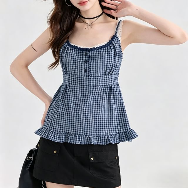 Dreamkura - Plaid Ruffle Mock Two Piece Camisole Top | YesStyle