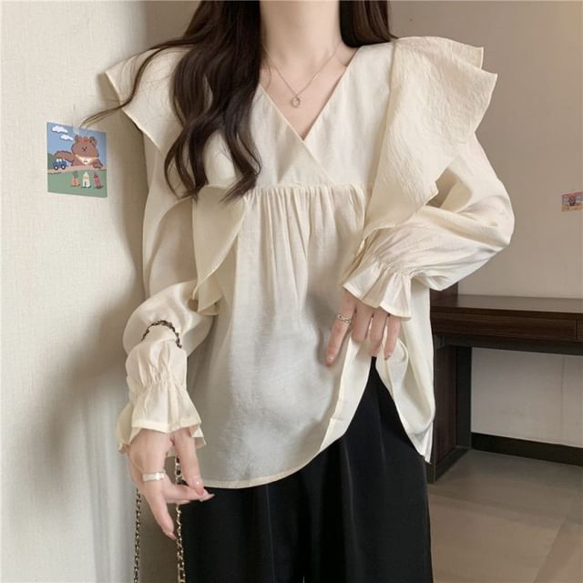 Sisyphi-Puff-Sleeve V-Neck Plain Ruffled Blouse